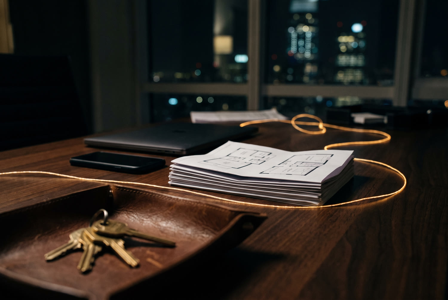 A property agent's desk at night, keys and floor plans, a golden line looping around them