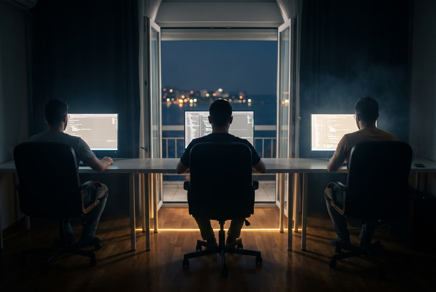 Three developers at their screens at night, the sea beyond the balcony