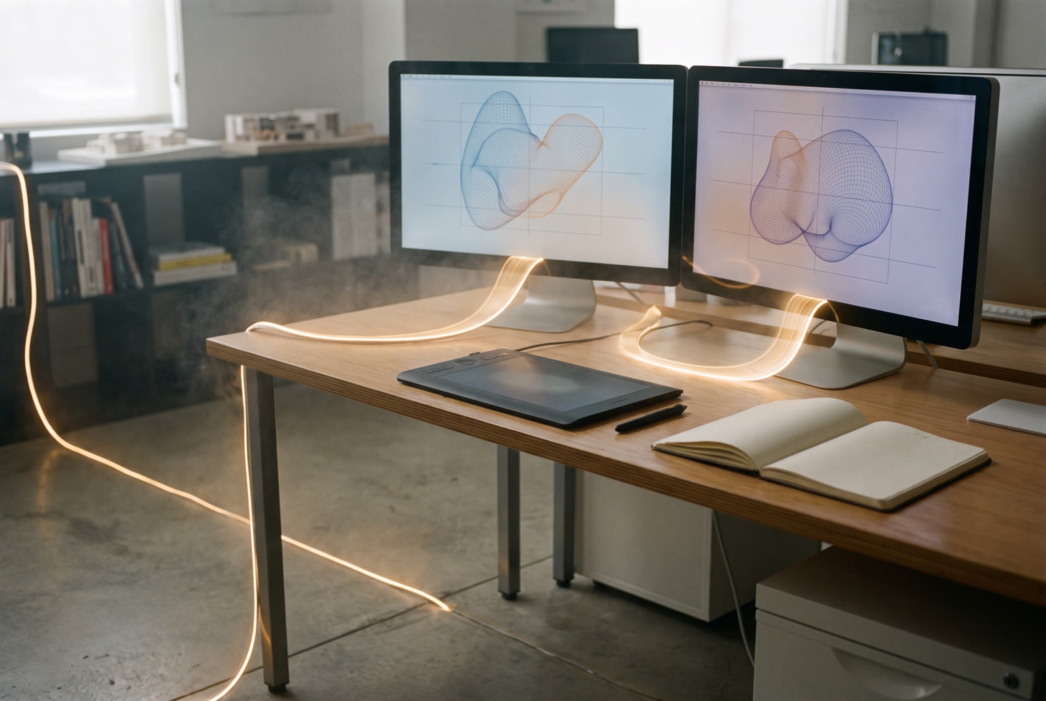 A dark studio at night, screens showing wireframes, a golden seam running into them