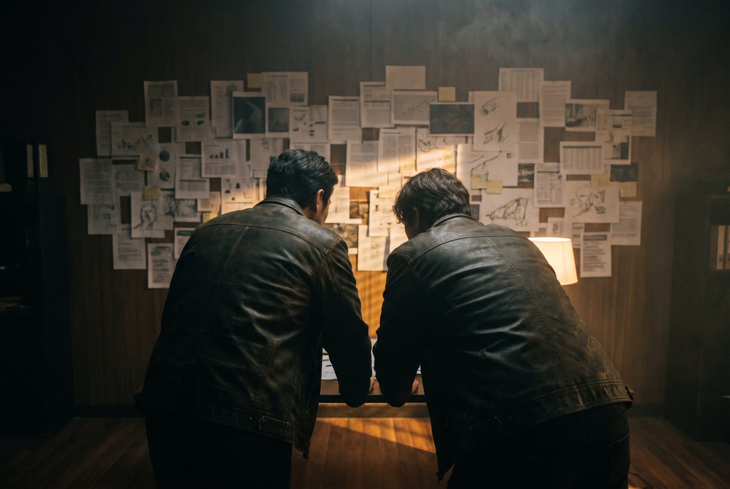 Two people studying a wall of pinned documents in a dim office
