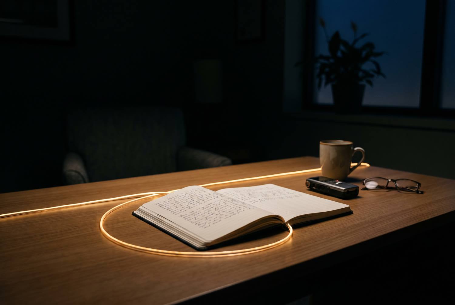 A quiet care office at dusk, an open notebook with a golden line looped around it