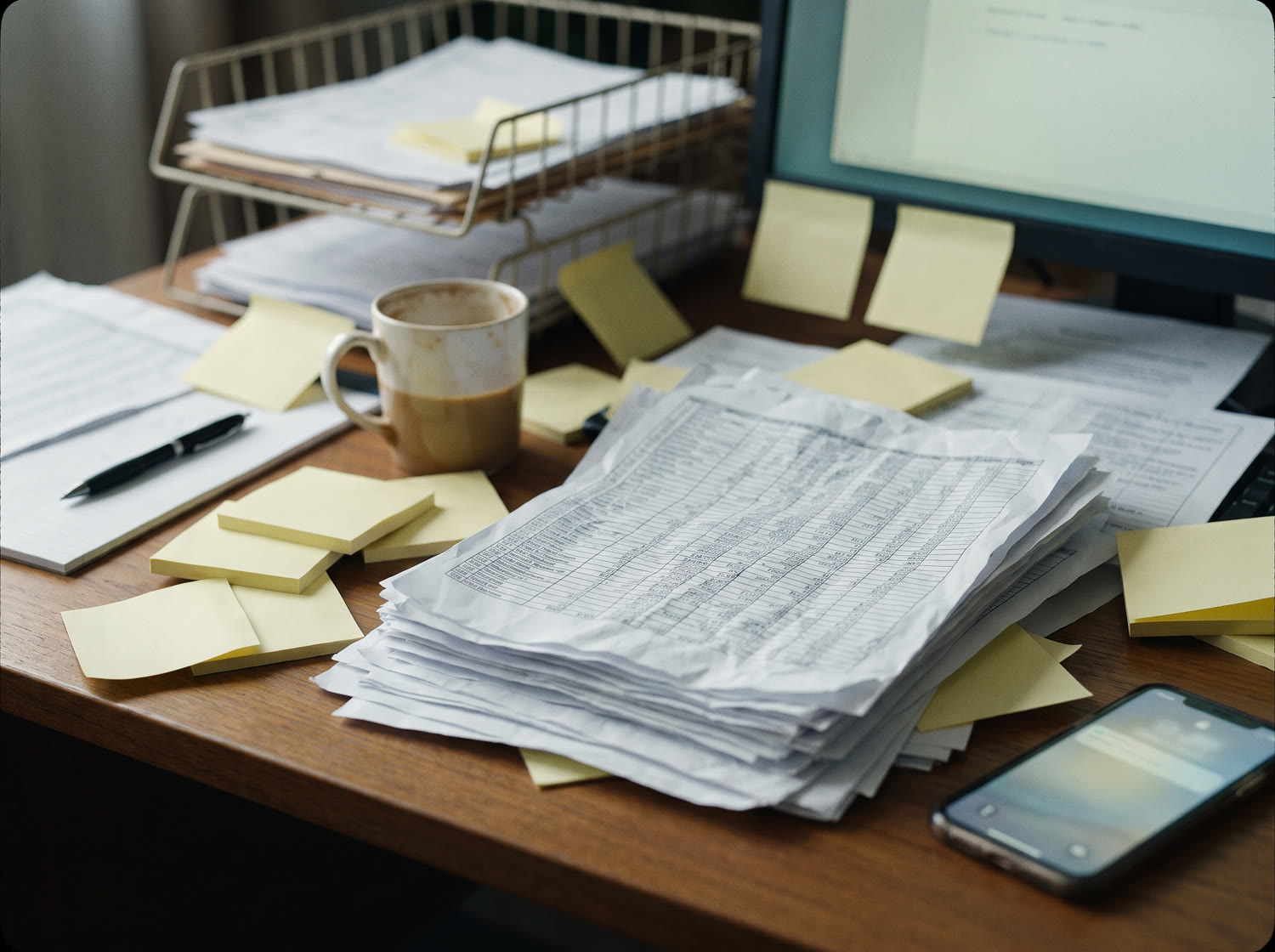 A desk at night covered in printed spreadsheets and sticky notes