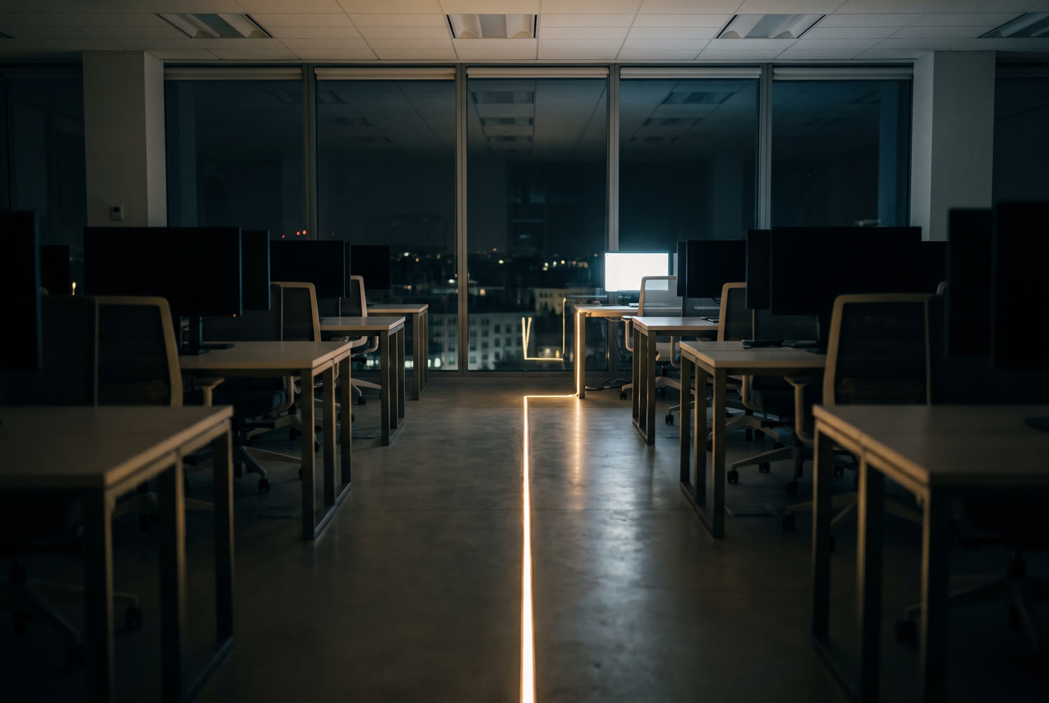 An empty office at night with a golden seam of light running along the floor